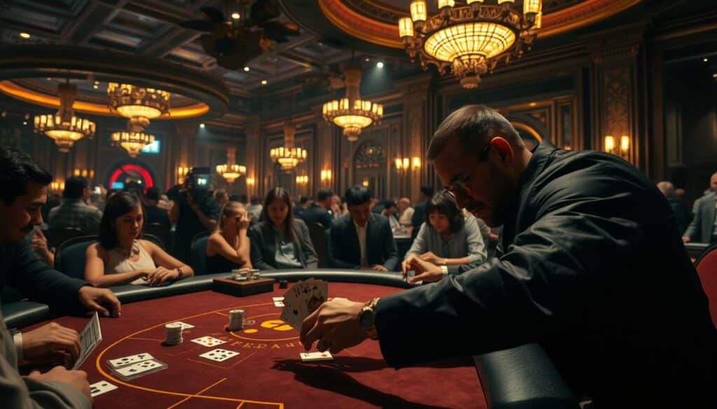 An opulent casino interior, dimly lit with warm, golden lighting cascading across the felt-covered tables. In the foreground, a seasoned gambler expertly manipulates the cards, their skilled hands a blur as they execute precise card flourishes. The middle ground features a diverse crowd of players, some eagerly observing the game, others deep in concentration as they strategize their next move. In the background, the grand architectural details of the casino create a sense of grandeur and prestige, hinting at the high-stakes world of professional gambling. The overall atmosphere conveys a blend of excitement, sophistication, and the thrill of the game.