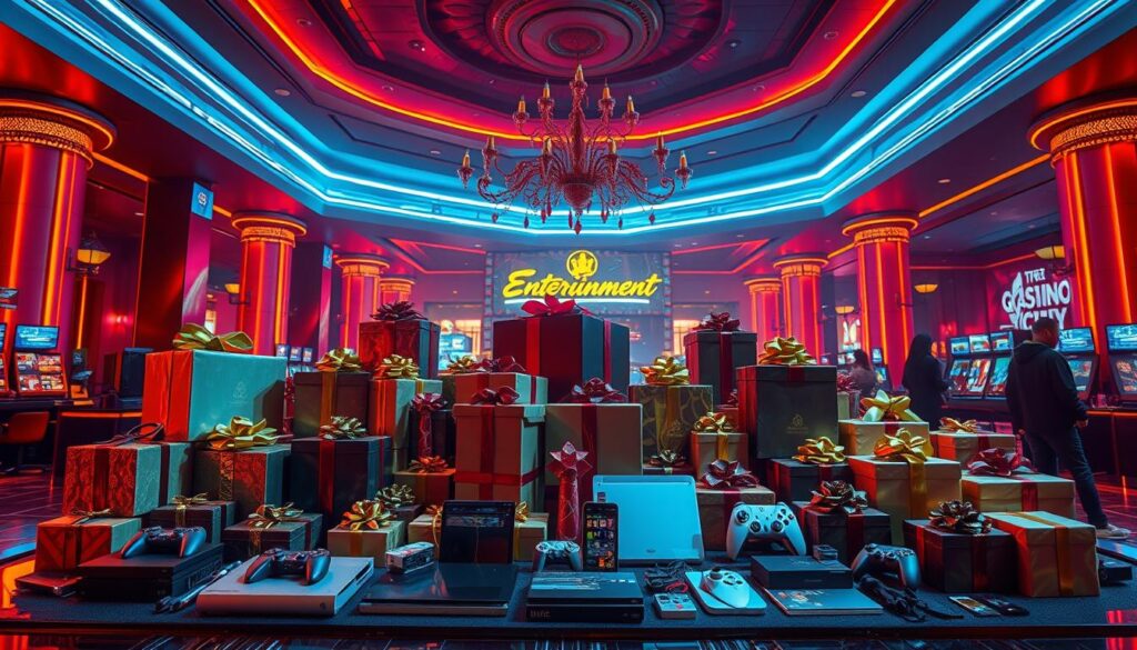 An opulent display of gift boxes and prizes set against a vibrant, neon-lit backdrop of a modern online casino lobby. Warm hues of gold, crimson, and electric blue cast a glamorous glow, evoking a sense of excitement and anticipation. In the foreground, an array of luxurious rewards - gaming consoles, electronic gadgets, and exclusive merchandise - are meticulously arranged, beckoning players to partake in the limited-time promotional event. The scene is captured with a wide-angle lens, emphasizing the grandeur and scale of the lavish celebration, while strategic lighting from above and side angles creates depth and dimension, drawing the viewer's eye towards the enticing prizes. The overall atmosphere exudes a palpable energy, reflecting the thrill and allure of the "Entertainment City" gaming experience.