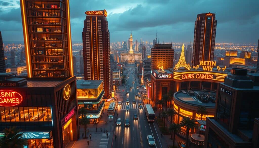 An opulent online entertainment city, its towering skyscrapers and neon-lit casinos bathed in warm, golden light. In the foreground, a sleek, modern building with floor-to-ceiling windows offers a glimpse of the thrilling games within. The middle ground bustles with pedestrians and vehicles, creating a sense of vibrant activity. In the background, a sprawling cityscape stretches out, its skyline punctuated by architectural landmarks. The scene conveys a sense of sophisticated glamour and excitement, capturing the allure of this digital entertainment hub. A detailed, cinematic composition captured with a wide-angle lens, showcasing the grandeur and dynamism of this virtual entertainment metropolis.
