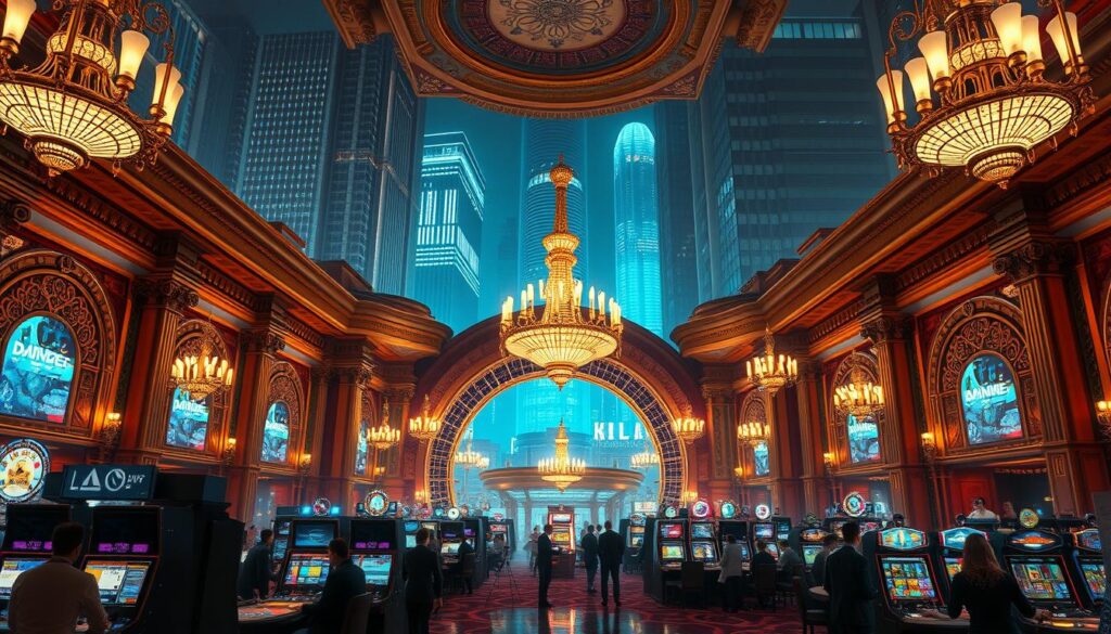 An ornate and luxurious casino complex set against a backdrop of towering skyscrapers, reflecting the vibrant energy of a bustling urban center. The grand entrance features a sweeping architectural design with intricate patterns and ornate details, evoking a sense of opulence and sophistication. Elegant chandeliers illuminate the interior, casting a warm glow over the gaming tables and slot machines. In the foreground, smartly dressed patrons engage in a variety of casino games, immersed in the excitement and allure of the establishment. The overall atmosphere radiates a sense of glamour, wealth, and the promise of thrilling entertainment, capturing the essence of the Kali Entertainment City's establishment and its positioning as a premier gambling destination.