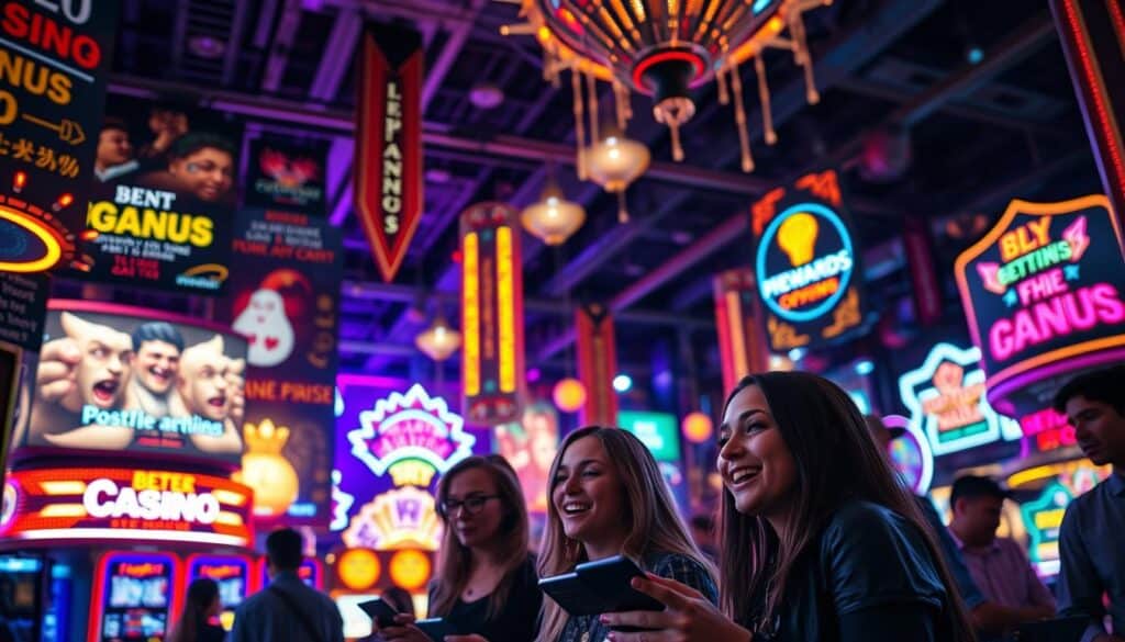 An ornate and vibrant online casino backdrop, showcasing a dazzling array of promotional banners, vibrant neon lights, and enticing gaming icons. In the foreground, a group of people excitedly engaging with the casino's various bonus offers and rewards programs, their expressions of joy and anticipation captured in a dynamic, cinematic composition. The scene is bathed in a warm, inviting glow, with subtle lens flare and depth of field effects creating a sense of immersion and allure. The overall atmosphere is one of excitement, entertainment, and the promise of lucrative opportunities, perfectly encapsulating the essence of the online casino's promotional landscape.