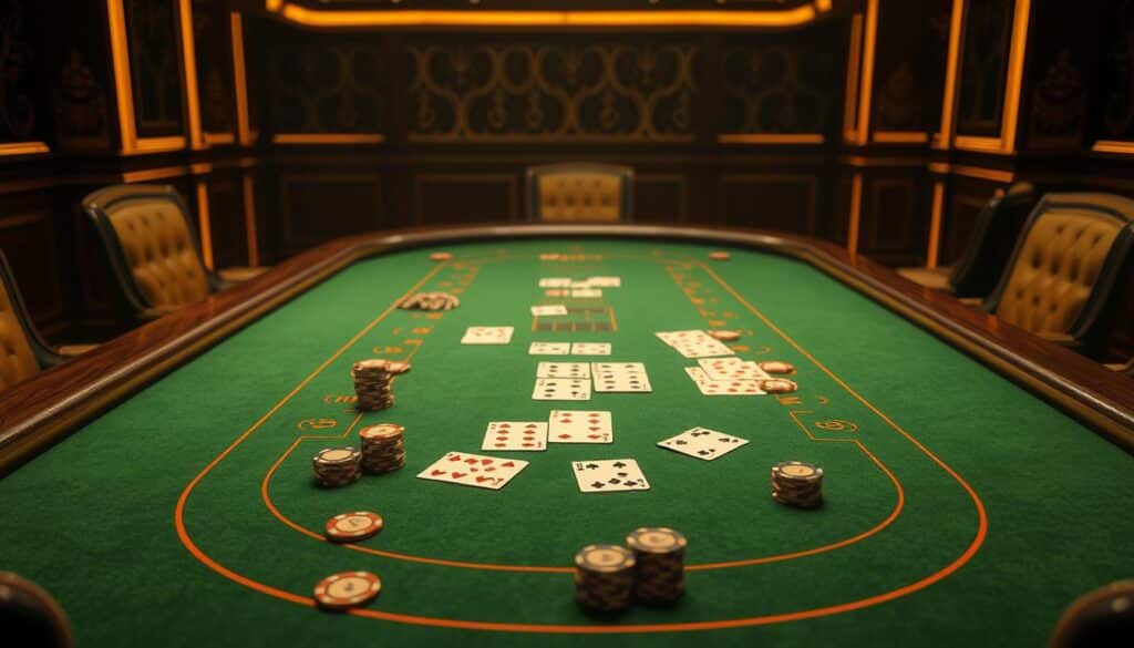 Baccarat game strategy: A crisply detailed scene of a casino gaming table, its green felt surface illuminated by warm, golden lighting. Elegant wooden trim and plush upholstery create an atmosphere of sophistication. On the table, cards and chips are arranged in a precise, strategic formation, hinting at the intricate techniques of experienced players. The table is framed by a backdrop of muted, atmospheric patterns, suggesting the immersive, alluring world of high-stakes casino gambling. The overall composition conveys a sense of focus, strategy, and the thrill of mastering the game of Baccarat.