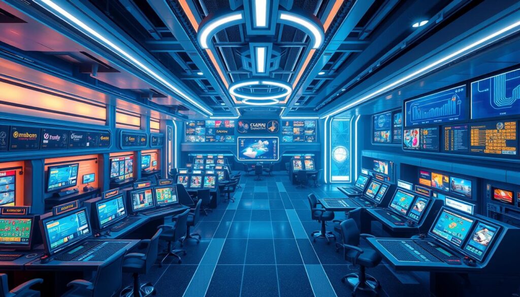 Detailed 3D render of a modern online casino's market competitiveness, with a sleek and futuristic interface showcasing various gaming options. The scene features a spacious, well-lit interior with clean lines, sharp angles, and a vibrant color palette of blues and grays. Prominent digital displays and intuitive control panels highlight the casino's advanced technology and user-friendly design. The camera angle offers a dynamic, bird's-eye view, emphasizing the scale and complexity of the operations. The overall impression conveys a sense of sophistication, innovation, and the ability to captivate and engage a diverse audience of online gamblers.