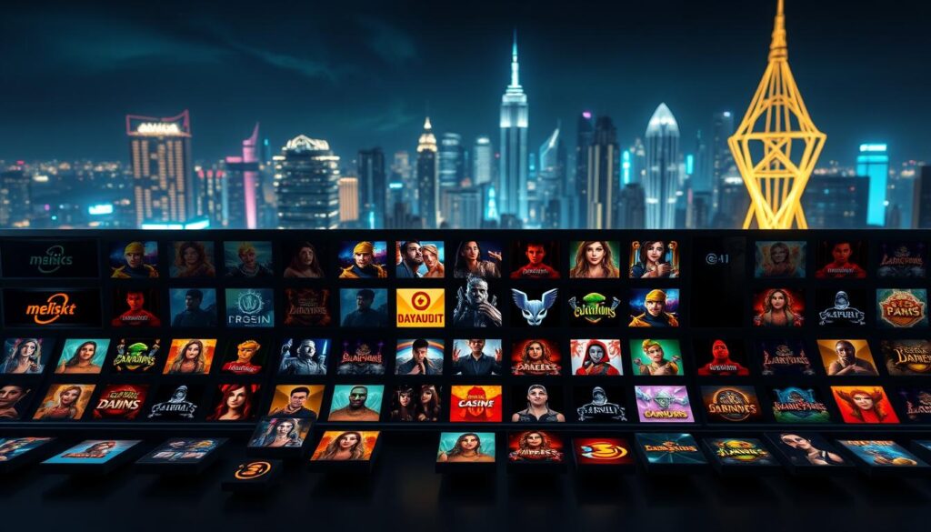 Detailed 3D scene of a modern online casino game selection interface. In the foreground, a diverse array of game icons float in a sleek, minimalist display. The middle ground features players immersed in different game activities, their expressions conveying engagement and excitement. The background showcases a dramatic city skyline at night, with neon lights and digital elements creating a dynamic, technologically advanced atmosphere. Cinematic lighting casts dramatic shadows, highlighting the game selection as the central focus. The overall composition communicates a sense of strategic, premium entertainment choices available to discerning players.