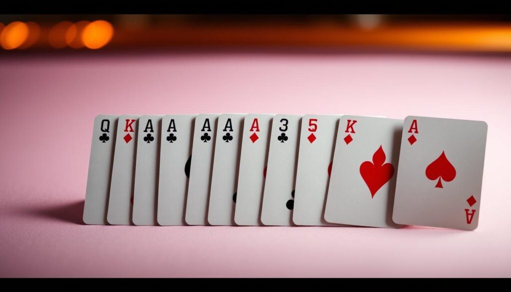 Detailed baccarat card draw rules depicted in a clean, minimalist style. Against a soft, out-of-focus background, a carefully arranged set of playing cards representing the key decisions for the banker and player hands. Each card precisely placed, capturing the intricate mechanics of when to hit or stand. Crisp lighting accentuates the cards' edges and suit symbols, conveying the logical, mathematical nature of the game's protocols. An atmosphere of analytical clarity, guiding the viewer through the core strategic elements of baccarat supplementary draws.