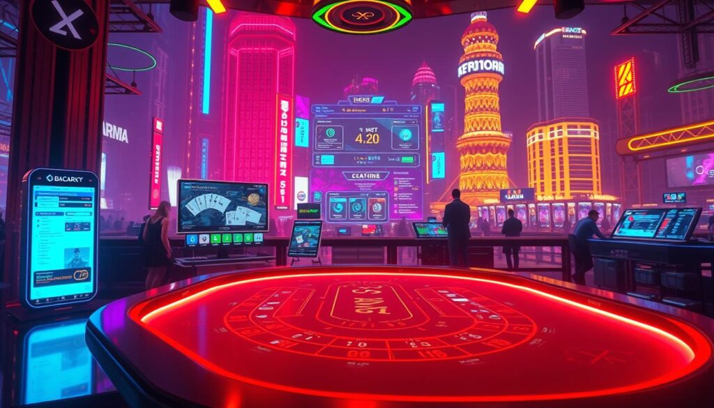 Detailed digital scene depicting the latest online baccarat gaming platform trends. In the foreground, a sleek, futuristic-looking baccarat table is illuminated by warm, ambient lighting, conveying a sense of sophistication and modernity. The middle ground features various digital interfaces and screens displaying real-time game statistics, player leaderboards, and transaction details, highlighting the integration of cutting-edge technology. The background showcases a vibrant, neon-lit cityscape, symbolizing the ubiquity of online gambling in the digital age. The overall composition emanates a dynamic, immersive atmosphere, reflecting the transformative impact of digitalization on the traditional baccarat gaming experience.