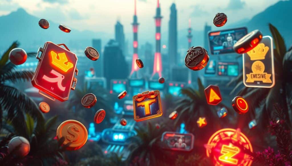 Detailed game rewards and incentives float in a lush, digital landscape. In the foreground, colorful virtual currency, power-ups, and exclusive in-game items drift weightlessly. The middle ground features holographic displays showcasing various game modes and player progression. In the background, a futuristic skyline with towering neon-lit towers sets the scene. Soft, diffused lighting creates a sense of depth and mystique, while a warm, inviting color palette evokes a feeling of excitement and anticipation. The composition is balanced, drawing the viewer's eye to the central game rewards, conveying the idea of a thriving online entertainment ecosystem and the value it offers players.