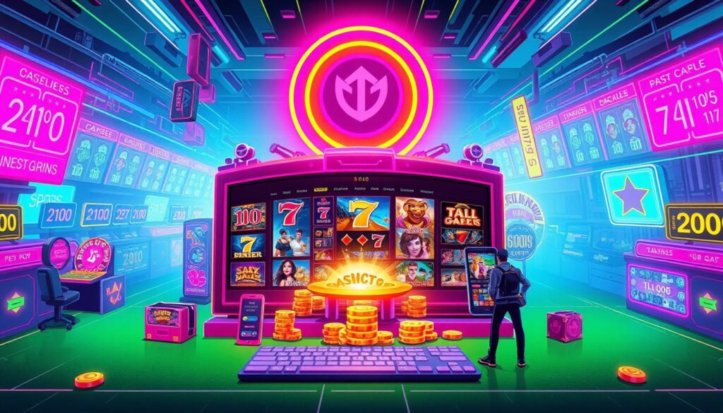 Detailed illustration of a premier online entertainment platform. Vibrant, modern interface with intuitive navigation. Prominent casino-style games such as slots, table games, and live dealer experiences. Cutting-edge graphics and immersive sound design create an engaging, high-quality atmosphere. Seamless mobile compatibility allows for on-the-go gameplay. Emphasis on security and fairness, with prominent certifications and licensing displayed. Generous bonuses, promotions, and loyalty rewards incentivize long-term user engagement. Responsive customer support available 24/7 via multiple channels. Sleek, minimalist aesthetic with bold color palette and clean layout. Balanced composition highlighting key platform features in a visually appealing manner.