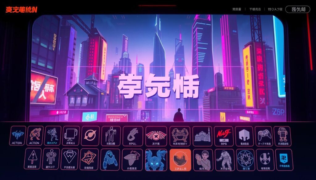 Detailed illustration of "遊戲類型評估" with a vibrant, modern aesthetic. Set in a minimalist, clean-lined game interface with sleek UI elements. Prominent in the foreground, a collection of game genre icons - action, adventure, strategy, RPG, puzzle, and more - arranged in a grid layout. In the middle ground, a series of transparent overlays depicting gameplay footage, ratings, and statistical data for each genre. The background depicts a futuristic cityscape with towering skyscrapers, neon lighting, and a vibrant, chromatic color palette suggestive of a dynamic, technology-driven environment. Cinematic lighting creates a sense of depth and drama, drawing the viewer's eye through the composition. The overall mood is one of exploration, evaluation, and a celebration of the diversity of modern gaming.