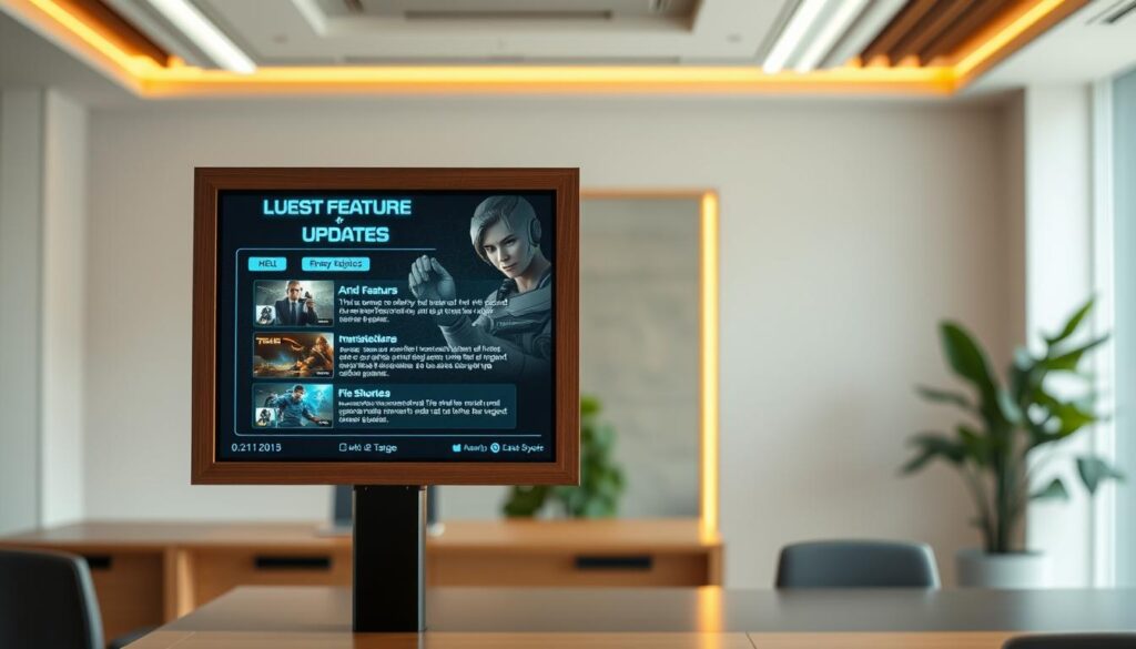 Detailed video game update announcement board displayed in a warm, minimalist office setting. In the foreground, a sleek digital screen showcases the game's latest features and improvements. The middle ground features a tasteful wooden frame, accented by subtle lighting that creates a cozy, professional atmosphere. The background is a soft, blurred office environment, with clean lines and a touch of greenery to evoke a sense of modern, streamlined design. The entire composition exudes a sense of clarity, organization, and technological sophistication befitting a prominent online entertainment hub.