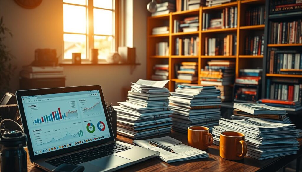 Detailed view of a workspace showcasing various SEO tools and software. In the foreground, a laptop displays SEO analytics dashboards and keyword research tools. Surrounding it, an assortment of devices and accessories like a smartphone, pen, notebook, and coffee mug set the scene of a focused, productive work environment. The middle ground features carefully arranged stacks of SEO-related documents, reports, and printouts, conveying a sense of diligent research and evaluation. In the background, shelves containing SEO books, guides, and other reference materials suggest a wealth of industry knowledge. Warm, natural lighting from a window casts a soft glow over the scene, creating an atmosphere of thoughtful consideration as the user selects the most suitable SEO tools for their needs.