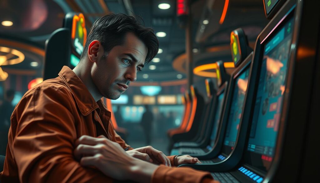 Detailed visualization of a casino gaming environment, featuring a player deeply immersed in a gambling activity. Foreground depicts the player's focused expression, hands grasping the gaming controls, with the gaming interface and screen prominently displayed. Middle ground showcases the casino atmosphere, with muted lighting, rich textures, and subtle background elements such as other gaming stations and patrons. Background subtly hints at the broader social and psychological factors surrounding the player's gambling behavior. Rendered with a realistic, cinematic style using a medium-wide camera angle to capture the scene's depth and intensity.