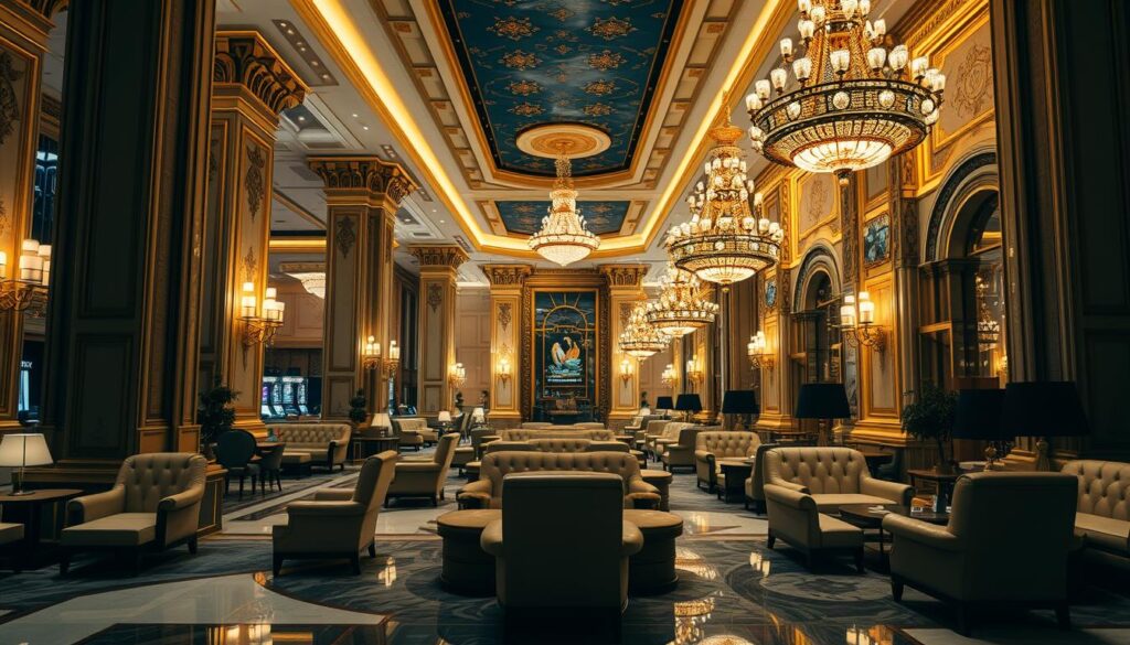 Elegant and opulent interior of a Macau casino, featuring luxurious decor with ornate gold accents, rich fabrics, and intricate architectural details. Plush leather armchairs and high-backed sofas in a neutral color palette create a sophisticated ambiance. Grandiose chandeliers and sconces cast a warm, ambient glow, illuminating the space. Ornate columns and arches frame the view, leading the eye through the expansive layout. Gilded moldings, mirrored surfaces, and polished marble floors reflect the light, adding to the sense of grandeur. The atmosphere exudes a refined, high-roller aesthetic, perfectly capturing the essence of Macau's casino design culture.