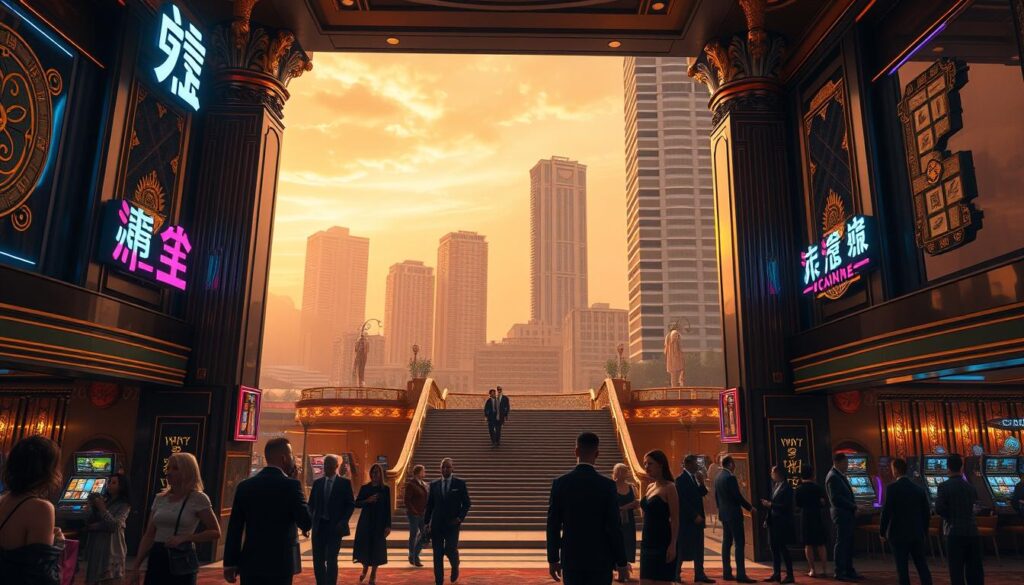 Elegant casino facade with neon lights and gilded accents, capturing the vibrant atmosphere of 卡利娛樂城. In the foreground, a group of well-dressed patrons mingle and converse, their expressions suggesting an evening of indulgence and excitement. The middle ground features the grand entrance, flanked by towering columns and a sweeping staircase leading to the gaming floors. In the background, a cityscape of high-rise buildings set against a warm, golden-hued sky, creating a sense of urban sophistication. Soft, diffused lighting casts a inviting glow, drawing the viewer's attention to the enticing allure of this premier entertainment destination.