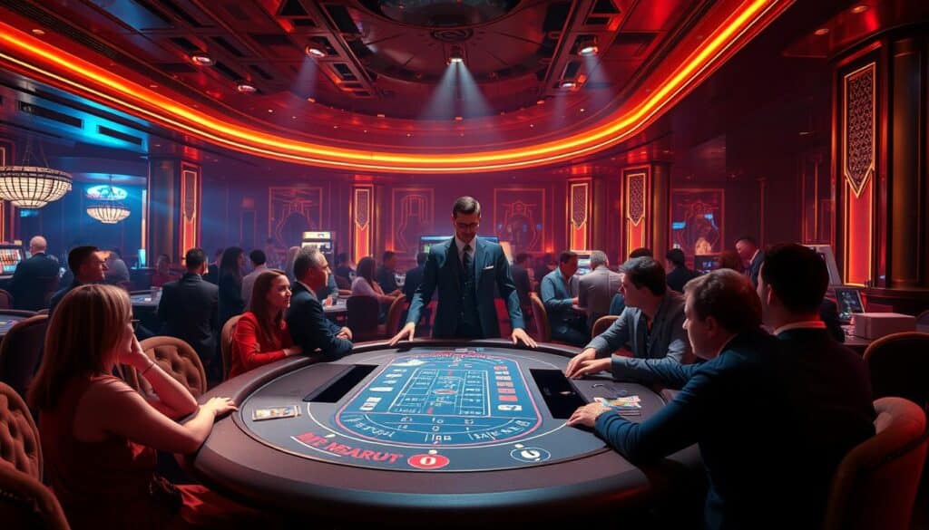 Elegant casino interior with a glamorous live dealer table at the center. Warm lighting casts a soft glow, creating an inviting and immersive atmosphere. The dealer stands poised, dressed in a crisp, tailored uniform, exuding professionalism and sophistication. Players crowd around, engaged in the game, their faces lit by the table's alluring illumination. Plush velvet furnishings, polished wood accents, and subtle art deco design elements evoke a sense of refined luxury. The scene radiates an air of excitement and anticipation, inviting the viewer to experience the thrilling world of live casino gaming.