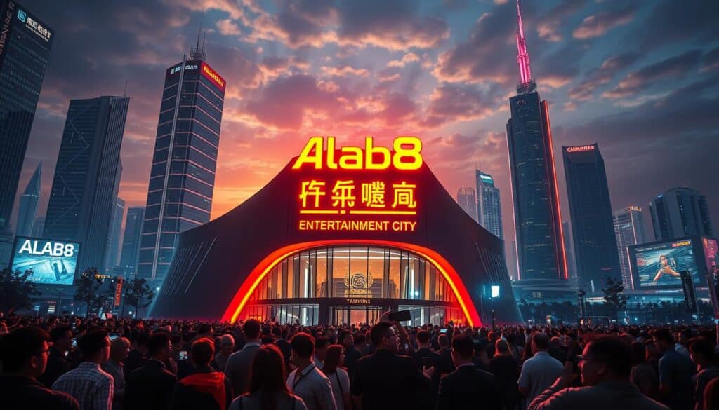 Establish a vibrant scene of the founding of Alab8 Entertainment City, a pioneering online gaming hub in Taiwan. Depict the grand opening ceremony, with a sleek, modern building commanding the foreground, adorned with a bold, neon-lit sign. Surround it with bustling crowds of attendees, their expressions conveying a sense of excitement and anticipation. In the background, capture the dynamic cityscape, complete with towering skyscrapers and a vibrant nighttime skyline, illuminated by the warm glow of the setting sun. Utilize a cinematic, high-contrast lighting scheme to create a sense of energy and innovation, reflecting the ambitious spirit of this new entertainment destination.