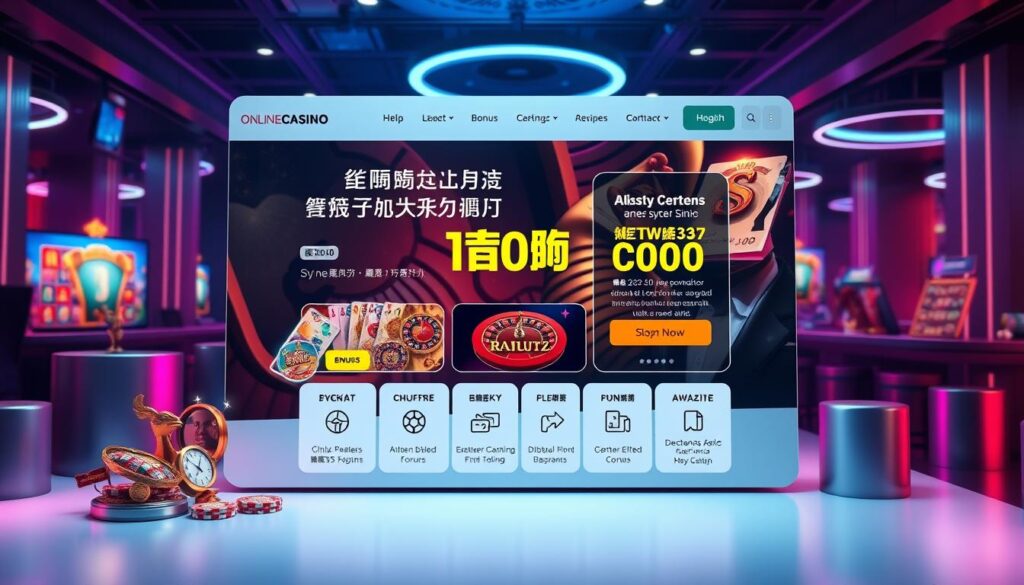 High-quality 3D render of a modern, well-designed landing page for the latest promotional offers and discounts at an online casino. The page features a clean, minimalist layout with vibrant colors and eye-catching graphics. The foreground showcases various casino game icons, such as slots, roulette, and blackjack, as well as specialized promotional banners highlighting the newest bonuses and deals. The middle ground has a sleek user interface with intuitive menus and call-to-action buttons, inviting players to explore the offers. The background depicts a stylized casino environment, with subtle lighting and a sense of excitement and anticipation. The overall mood is sophisticated, visually compelling, and designed to attract the attention of Taiwanese online casino enthusiasts.