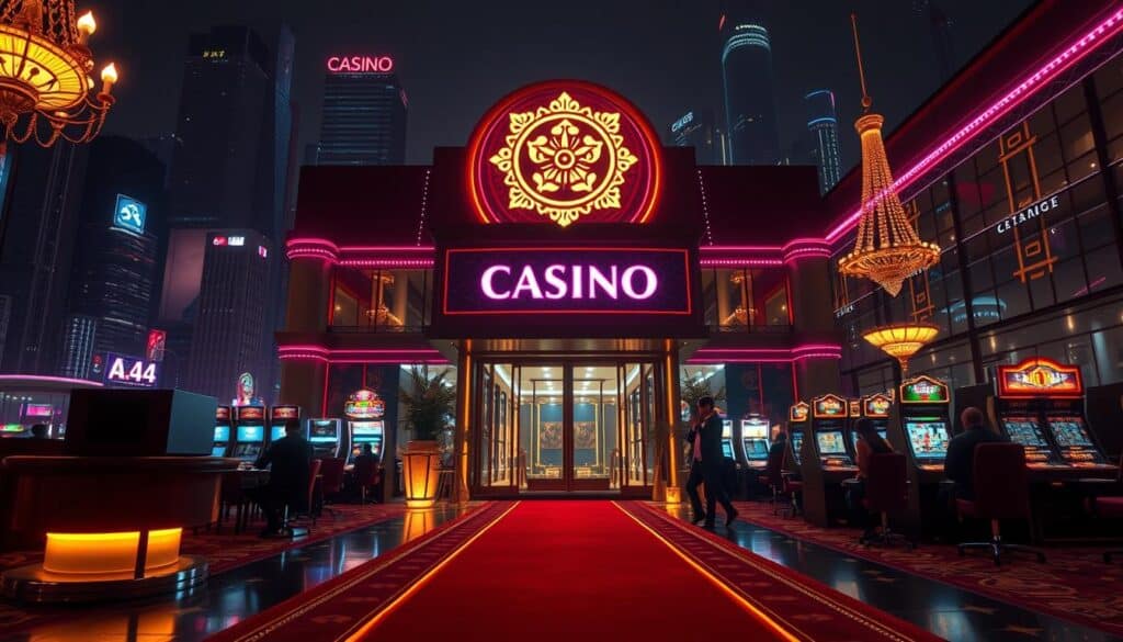 Prompt A luxurious online casino with a neon-lit exterior, surrounded by a bustling city skyline at night. The entrance features a grand, illuminated logo and a lavish red carpet leading to the main entrance. Inside, the casino exudes an air of sophistication, with elegant chandeliers, plush leather seating, and the faint sound of slot machines and roulette wheels. Wealthy patrons sip carefully crafted cocktails while enjoying the thrilling gaming experience. The lighting is warm and inviting, creating a sense of excitement and anticipation. The overall atmosphere is one of opulence, excitement, and the promise of big payouts, making it the perfect destination for the discerning online gambler.