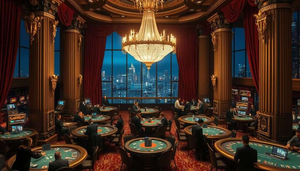 Prompt An opulent online casino, the centerpiece a grand chandelier casting a warm glow over the luxurious interior. Plush velvet curtains frame the scene, revealing rows of gaming tables where players engage in high-stakes blackjack, roulette, and poker. The atmosphere is one of sophisticated excitement, with well-dressed patrons leaning over the tables, their faces alight with concentration. Ornate columns flank the space, and the floor is covered in a rich, patterned carpet. Through tall windows, the nighttime city skyline is visible, hinting at the thrilling world of possibilities awaiting those who venture into this premier online gaming destination.