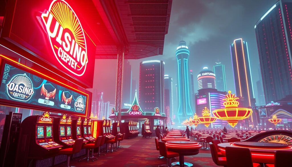 Vibrant casino lights dance across a sleek, modern online gaming platform. Elegant neon signage illuminates the foreground, beckoning players to explore a world of thrilling casino experiences. In the middle ground, a captivating array of digital slot machines, poker tables, and roulette wheels invite users to immerse themselves in the excitement of virtual gambling. The background features a dynamic cityscape, its skyscrapers and neon-lit streets reflecting the urban energy that infuses the online entertainment destination. Soft, diffused lighting casts a warm, inviting glow, while strategic camera angles capture the grand scale and allure of this cutting-edge virtual casino.