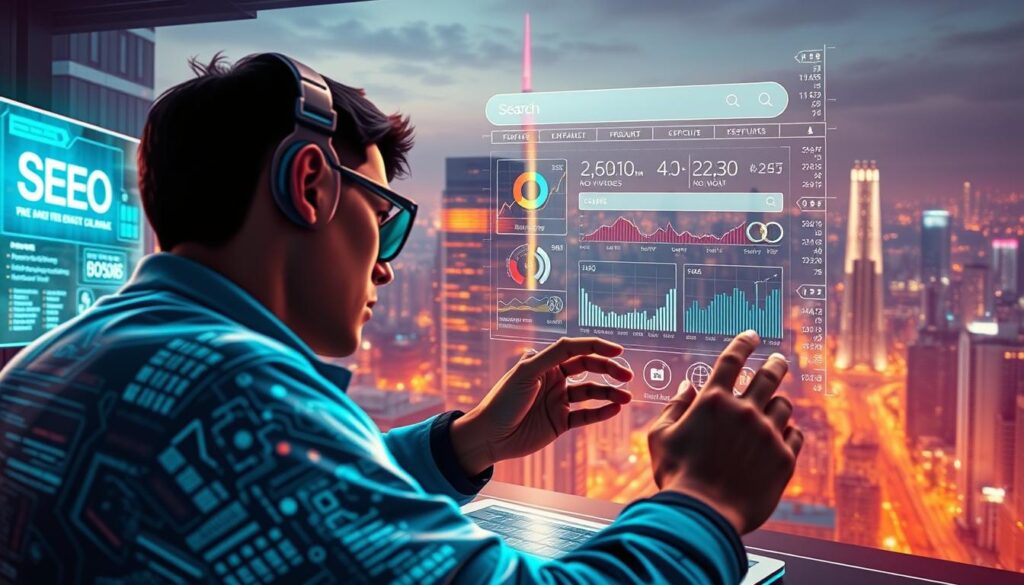 Vibrant digital illustration showcasing "SEO關鍵字優化的最佳實踐". Foreground depicts a person meticulously optimizing a website, analyzing statistics and keyword data on a holographic display. Midground features a sleek, futuristic search engine interface, with intricate UI elements and data visualizations. Background shows a bustling city skyline, hinting at the scale and scope of modern SEO strategies. Cinematic lighting, with warm tones and dramatic shadows, conveys the importance and technicality of the subject matter. Camera angle is slightly elevated, providing an overview of the scene. The overall atmosphere is one of precision, innovation, and the driving force of digital marketing.
