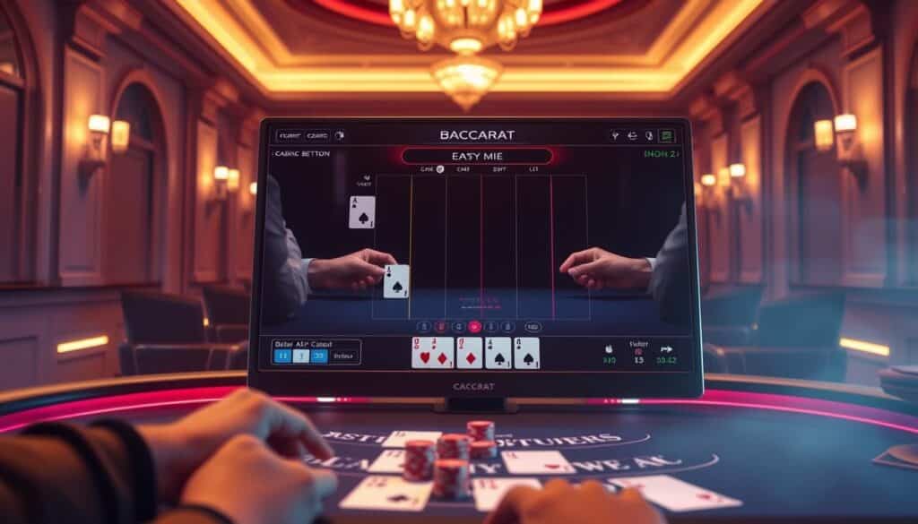Vivid, cinematic depiction of online baccarat gameplay. In the foreground, a sleek, modern computer interface displaying the baccarat table, cards, and dynamic betting options. The middle ground showcases players' hands, chips, and the distinct atmosphere of a high-stakes digital casino. In the background, a subtle, elegant architectural setting with muted lighting, conveying a sense of luxury and exclusivity. The overall tone is one of sophisticated strategy, heightened senses, and the thrill of online gambling. Realistic textures, advanced lighting, and a carefully composed frame capture the essence of the "online baccarat strategy" experience.