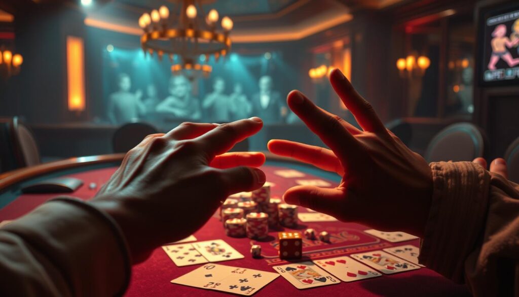 a detailed, cinematic illustration of an online gambling tutorial, featuring a dimly lit casino table with playing cards, poker chips, and dice arranged in an aesthetic composition, illuminated by warm-toned lighting that creates a sense of ambiance and mystery; in the foreground, a pair of hands demonstrating gambling techniques, their movements captured in a dynamic, photorealistic style; the background subtly evokes the opulent decor of a high-end casino, with subtle hints of luxury and indulgence, creating an immersive and captivating scene that effectively conveys the subject of "online gambling tutorial"