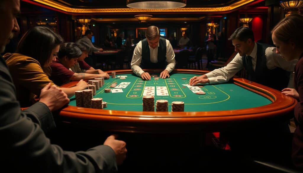 a high-resolution, detailed image of a baccarat gaming table on a dimly lit casino floor, with a crisp, dramatic lighting setup that creates a sense of tension and excitement. The table is surrounded by players leaning in, completely focused on the game unfolding. The table itself is made of fine wood, with a green felt surface and ornate brass trim. Stacks of casino chips in various denominations are neatly arranged, and cards are being dealt by a croupier in a crisp white shirt and black vest. The atmosphere is one of sophisticated elegance, with the overall scene conveying the essence of the classic baccarat gaming experience.