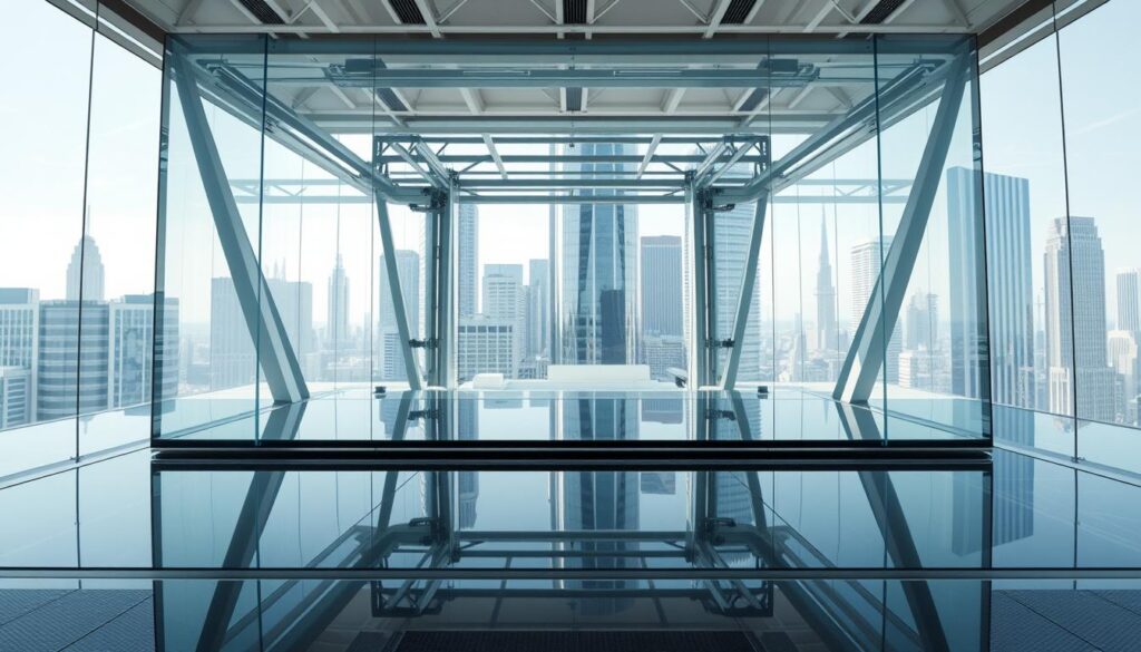 a high-tech, transparent digital platform with clean, minimalist aesthetic. Foreground features a large glass display panel, reflecting the surrounding environment, conveying a sense of openness and transparency. Middle ground shows sleek, metallic framework supporting the platform, with clean lines and geometric shapes. Background depicts a futuristic cityscape or office setting, with skyscrapers and modern architectural elements. Lighting is bright and natural, creating a crisp, professional atmosphere. The overall composition emphasizes the concept of transparency, trust, and reliability in online gaming platforms.
