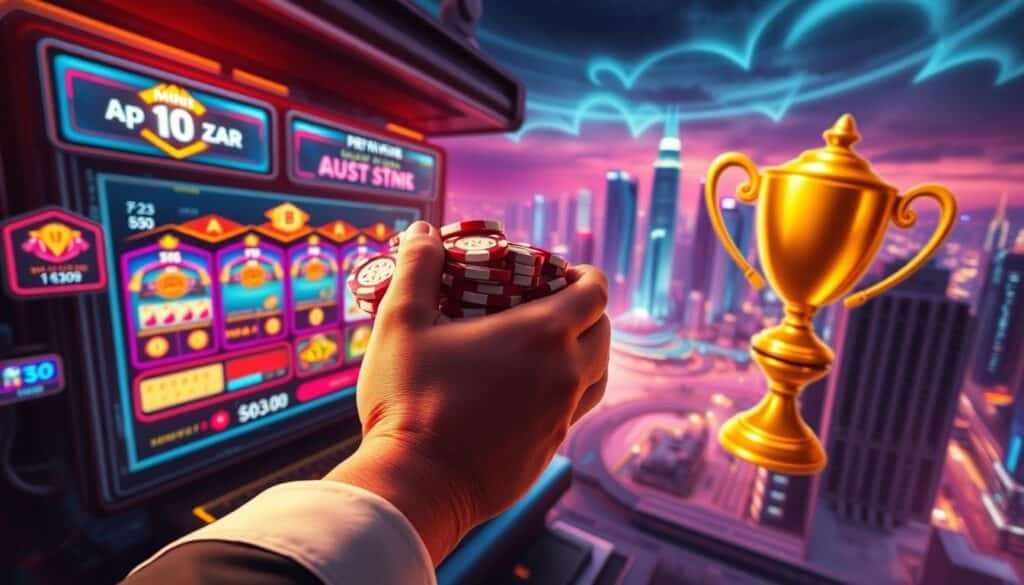 a highly detailed, dynamic and visually striking illustration depicting the concept of "maximizing rewards" in the context of online casino gaming in Taiwan. The image should feature a captivating, three-dimensional scene with a prominent foreground element showcasing a player's hand holding a stack of casino chips or a large gold trophy, symbolizing the accumulated rewards and winnings. The middle ground should depict a vibrant, futuristic-looking online casino interface with colorful lights, spinning reels, and interactive UI elements. The background should offer a sweeping view of a modern cityscape, reflecting the urban, high-tech setting of the Taiwanese online gaming landscape. The overall mood should be one of excitement, success, and the thrill of maximizing one's rewards through strategic gameplay. The lighting should be dramatic, with striking contrasts and highlights to accentuate the dynamic, high-energy atmosphere.