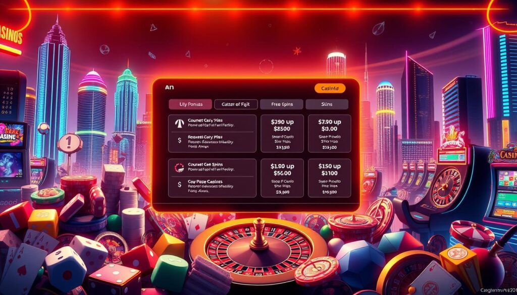 a highly detailed, realistic digital illustration of an online casino's game registration reward program. in the foreground, a colorful array of casino game icons and symbols such as dice, playing cards, roulette wheels, and slot machine reels. in the middle ground, a sleek, modern user interface with clean typography and layout showcasing the various registration bonuses, free spins, and other incentives. the background features a stylized cityscape with skyscrapers and neon lights, evoking the glamour and excitement of a bustling online gambling metropolis. the overall scene is illuminated by warm, inviting lighting that creates an enticing and enthralling atmosphere, drawing the viewer in.