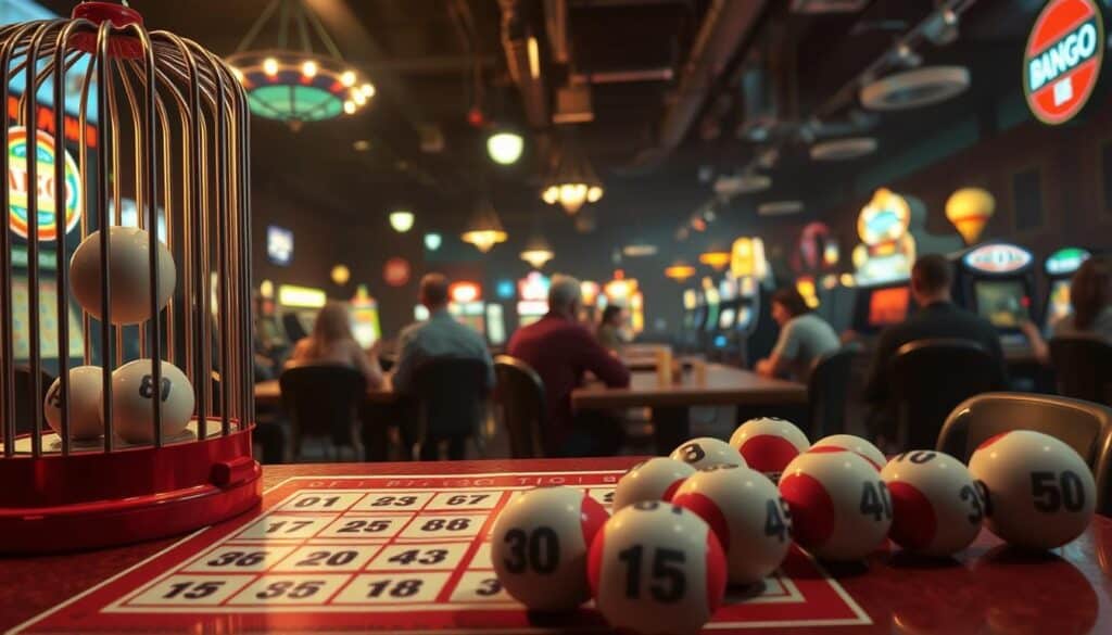 a realistic, detailed illustration of the basic rules of bingo game, set in a classic bingo hall or casino environment. The foreground shows a bingo card with numbered squares, a bingo ball cage, and a handful of bingo balls. The middle ground features players sitting at tables, focusing intently on their cards. The background depicts the dim, atmospheric lighting of the bingo hall, with hints of gaming tables, slot machines, and other casino accoutrements. The overall mood is one of anticipation and excitement, capturing the classic ambiance of a bingo parlor. The image should be photorealistic in quality, with a wide depth of field and natural lighting effects.